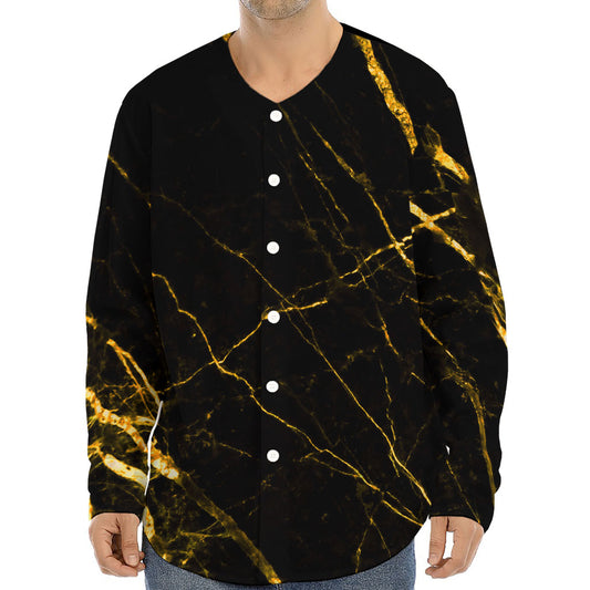Black Gold Scratch Marble Print Long Sleeve Baseball Jersey