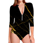 Black Gold Scratch Marble Print Long Sleeve Swimsuit
