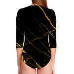 Black Gold Scratch Marble Print Long Sleeve Swimsuit