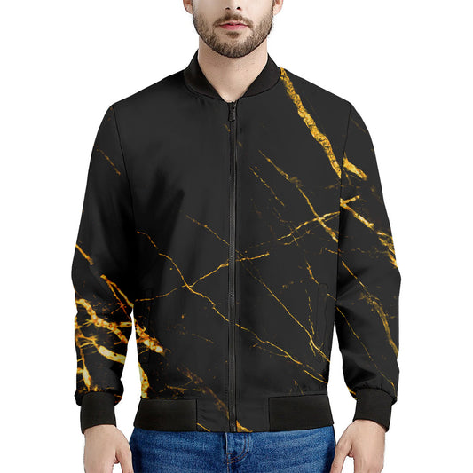 Black Gold Scratch Marble Print Men's Bomber Jacket