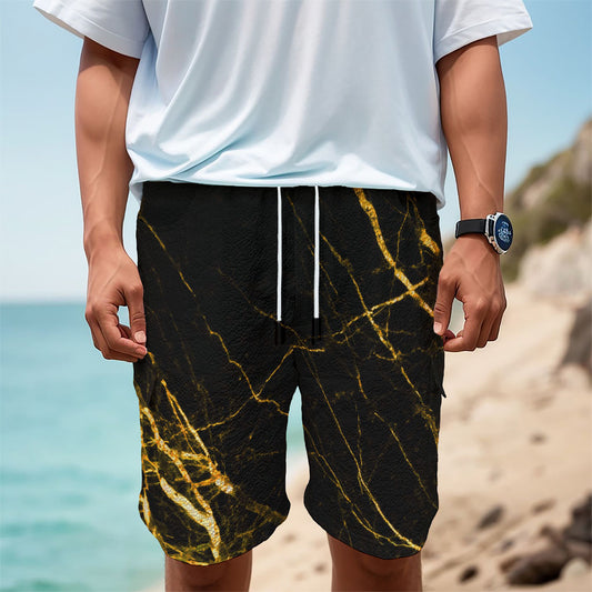 Black Gold Scratch Marble Print Men's Cargo Shorts