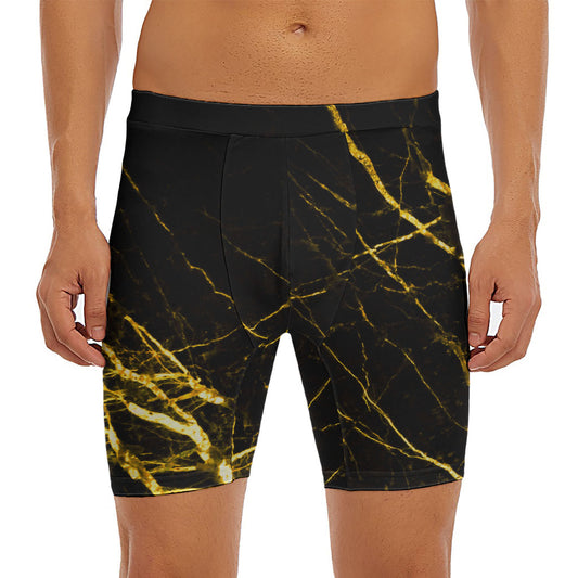 Black Gold Scratch Marble Print Men's Long Boxer Briefs