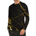 Black Gold Scratch Marble Print Men's Long Sleeve Rash Guard