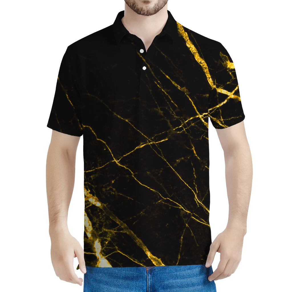Black Gold Scratch Marble Print Men's Polo Shirt