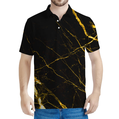 Black Gold Scratch Marble Print Men's Polo Shirt