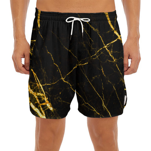 Black Gold Scratch Marble Print Men's Split Running Shorts
