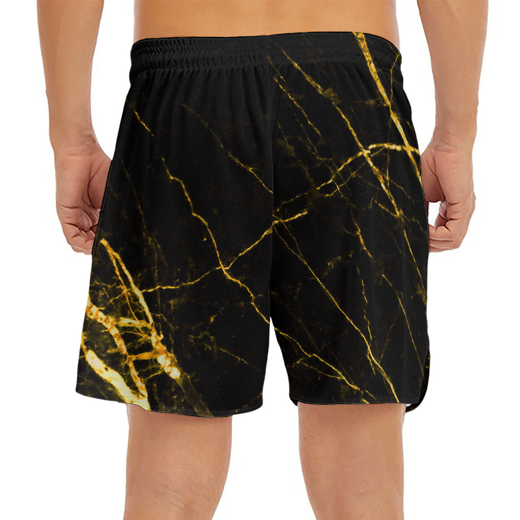 Black Gold Scratch Marble Print Men's Split Running Shorts
