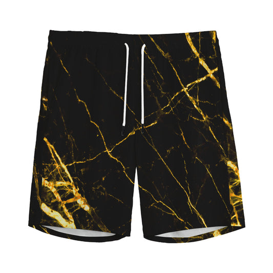 Black Gold Scratch Marble Print Men's Sports Shorts