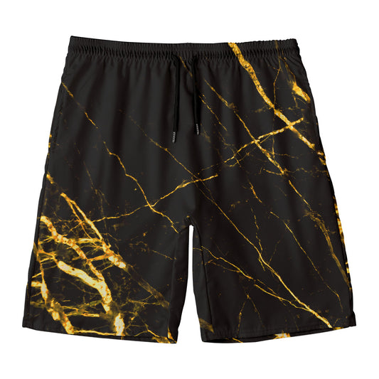 Black Gold Scratch Marble Print Men's Swim Trunks