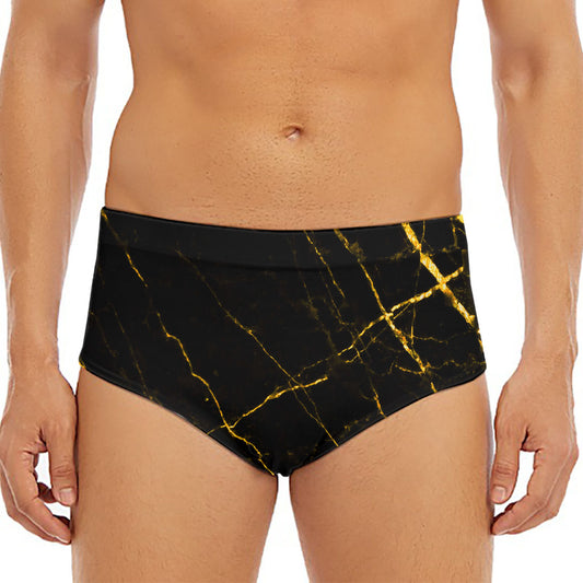 Black Gold Scratch Marble Print Men's Triangle Swim Briefs