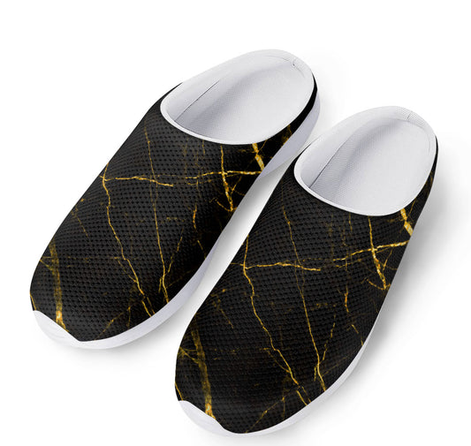 Black Gold Scratch Marble Print Mesh Casual Shoes