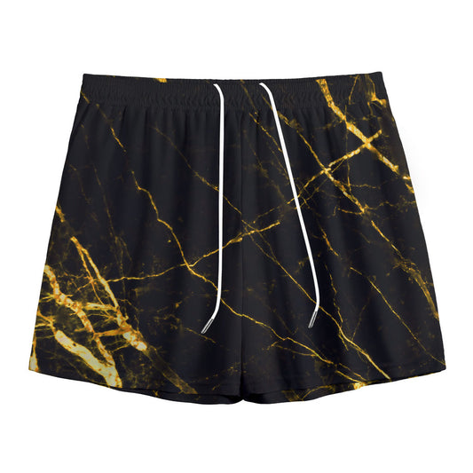 Black Gold Scratch Marble Print Mesh Shorts