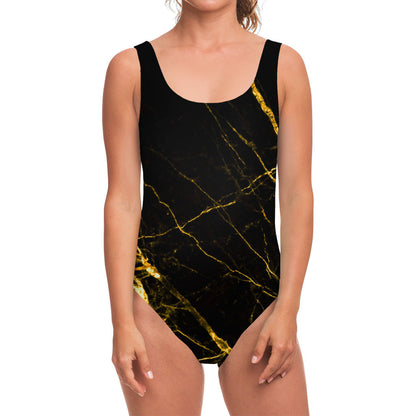 Black Gold Scratch Marble Print One Piece Swimsuit