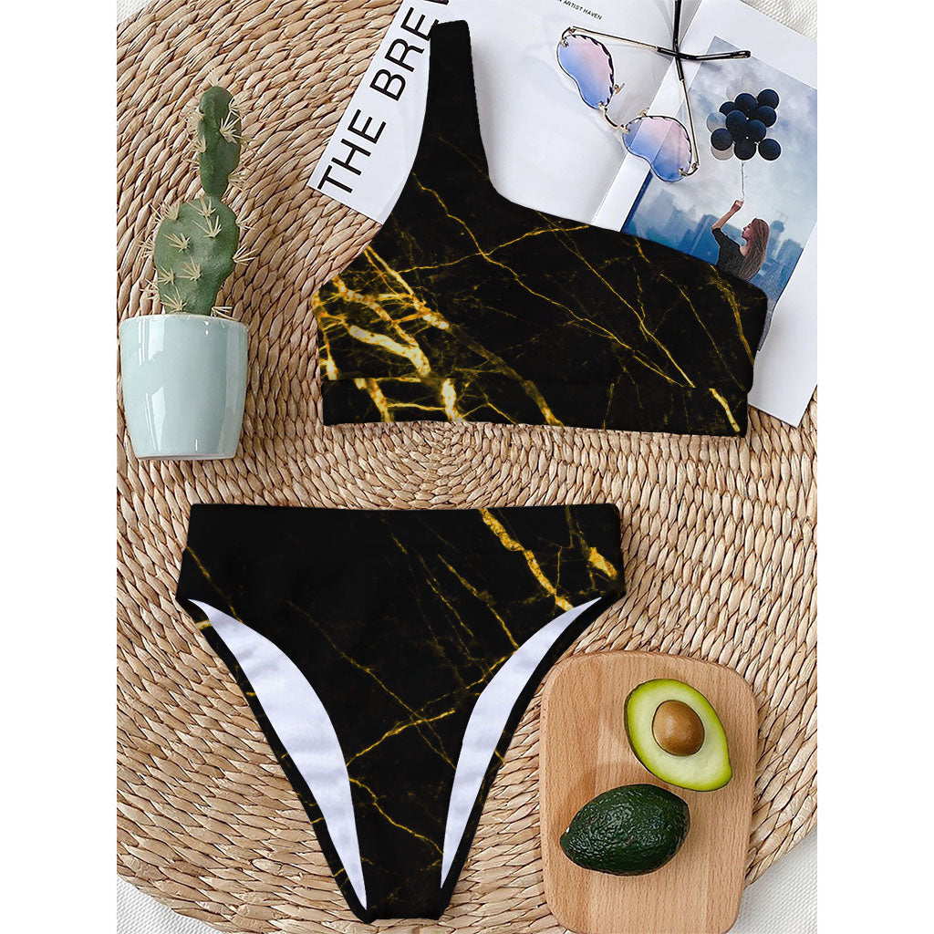 Black Gold Scratch Marble Print One Shoulder Bikini Top