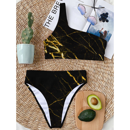 Black Gold Scratch Marble Print One Shoulder Bikini Top