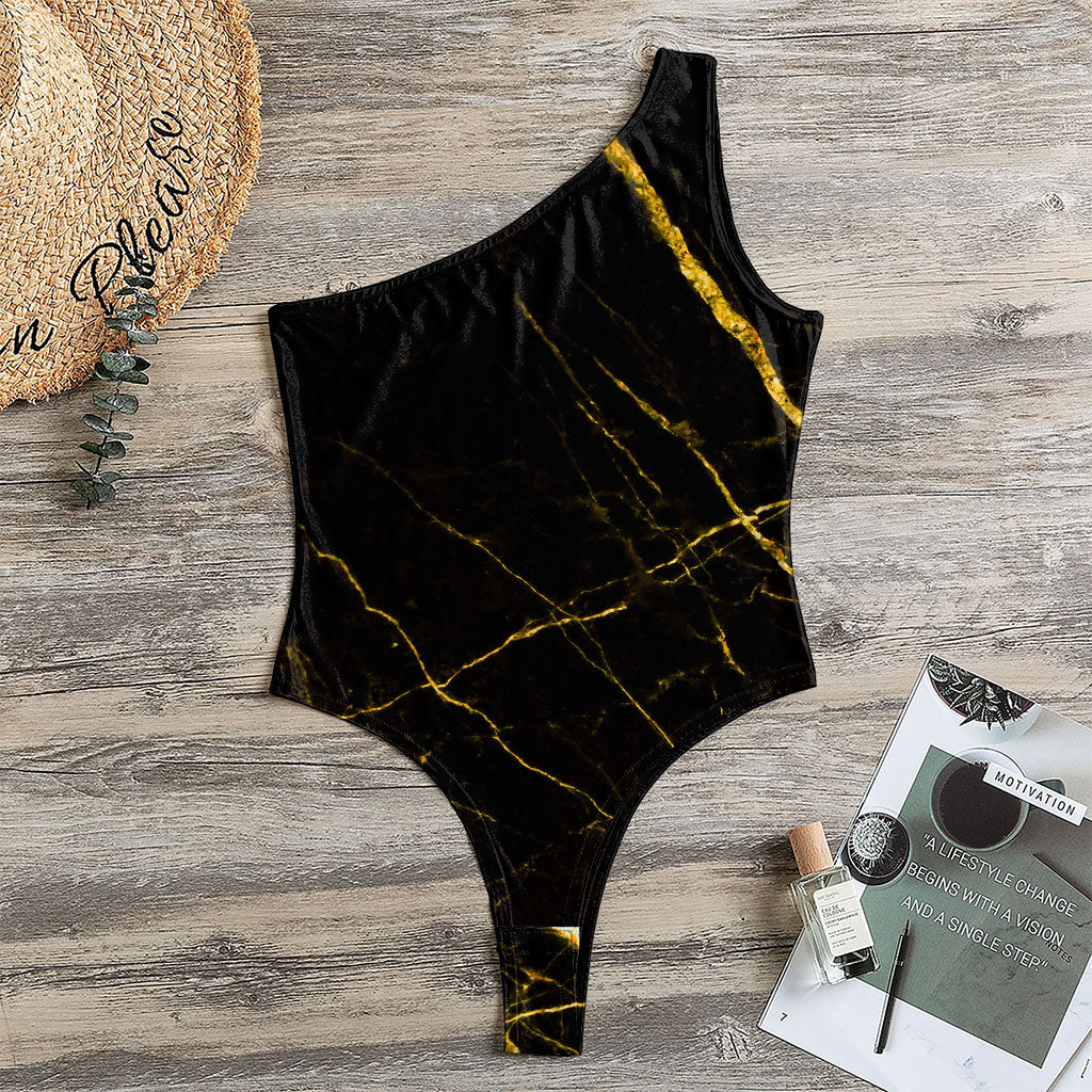 Black Gold Scratch Marble Print One Shoulder Bodysuit