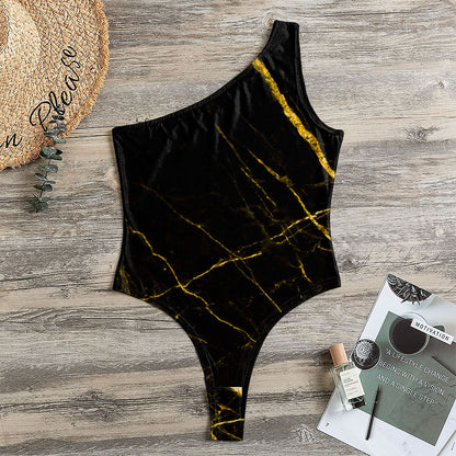 Black Gold Scratch Marble Print One Shoulder Bodysuit