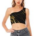 Black Gold Scratch Marble Print One Shoulder Crop Top