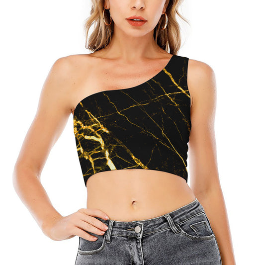 Black Gold Scratch Marble Print One Shoulder Crop Top