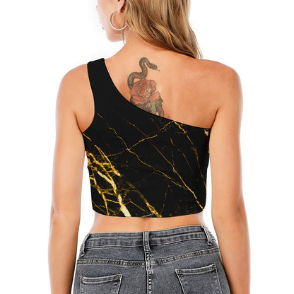 Black Gold Scratch Marble Print One Shoulder Crop Top