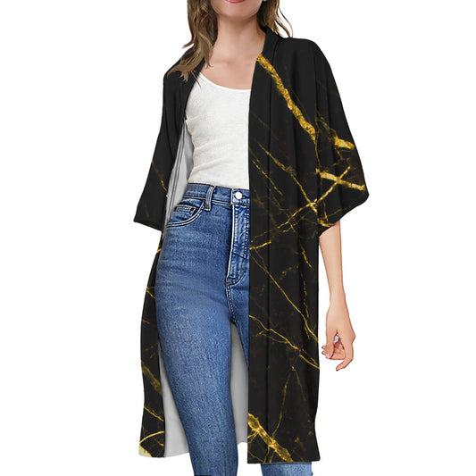 Black Gold Scratch Marble Print Open Front Beach Cover Up