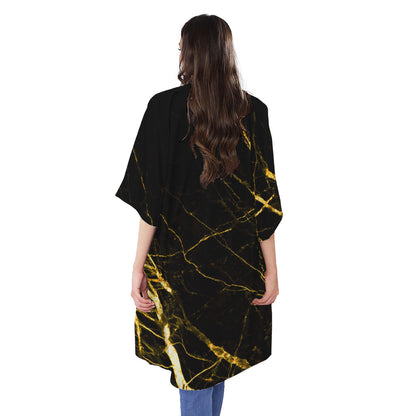 Black Gold Scratch Marble Print Open Front Beach Cover Up
