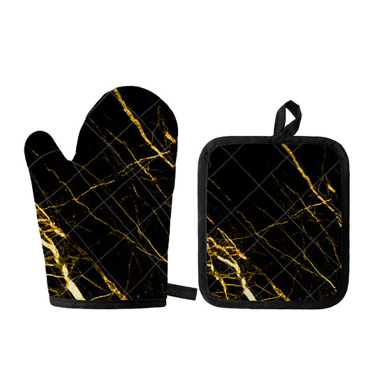 Black Gold Scratch Marble Print Oven Mitt And Pot Holder Set