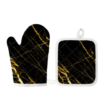 Black Gold Scratch Marble Print Oven Mitt And Pot Holder Set