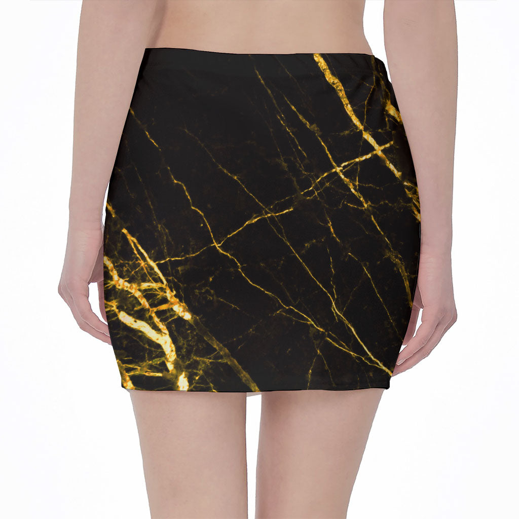 Black Gold Scratch Marble Print Pencil Mini Skirt