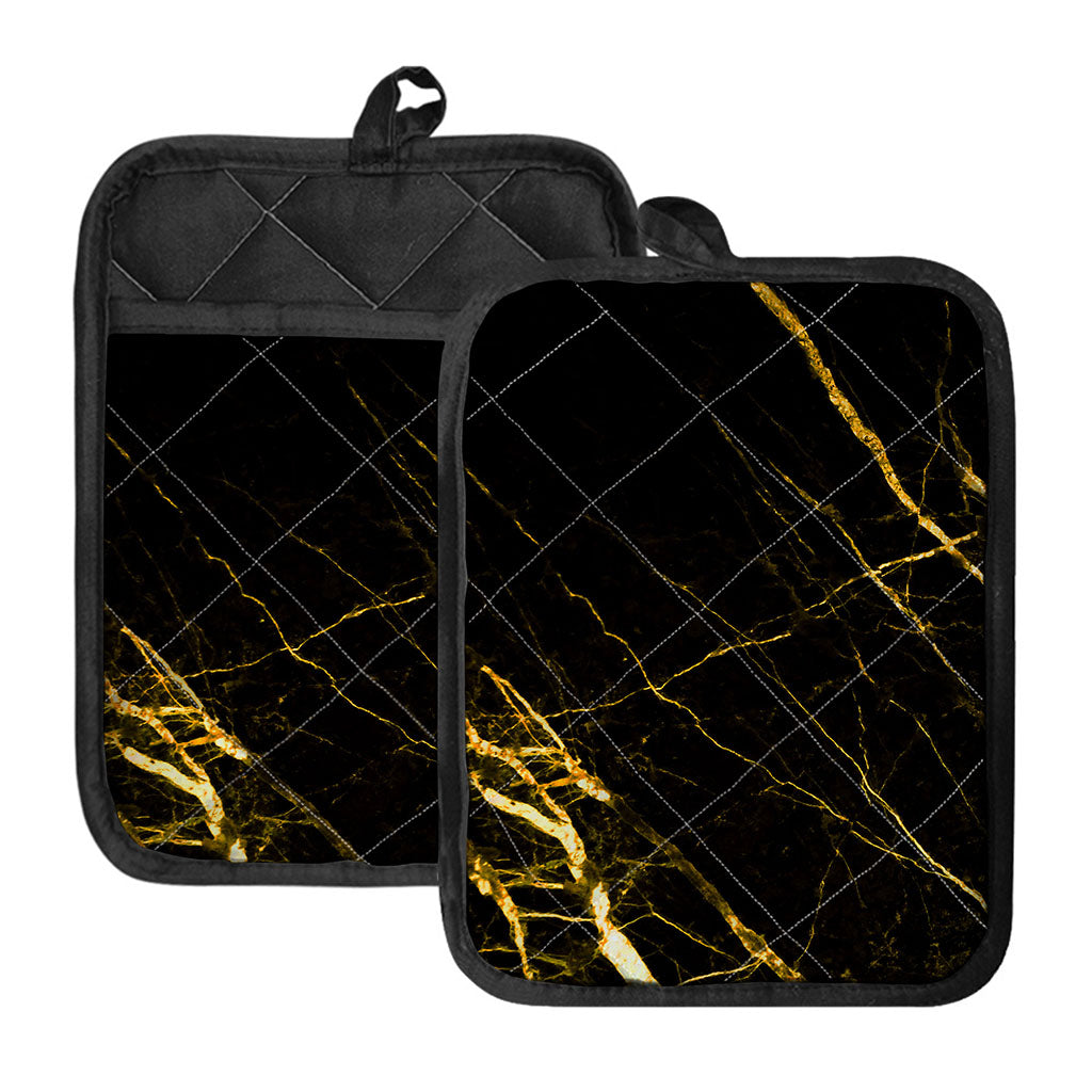 Black Gold Scratch Marble Print Pot Holders With Pocket