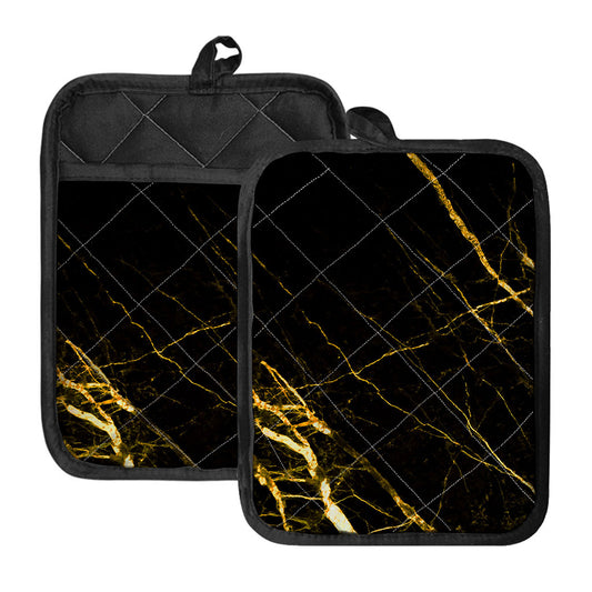 Black Gold Scratch Marble Print Pot Holders With Pocket