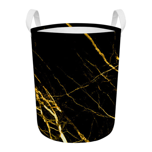 Black Gold Scratch Marble Print Round Laundry Basket