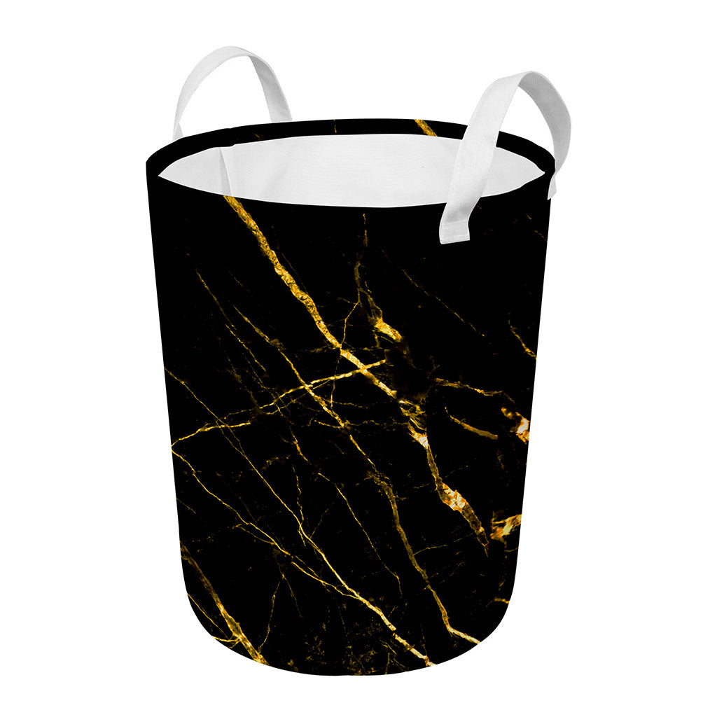Black Gold Scratch Marble Print Round Laundry Basket