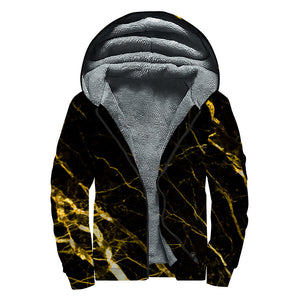 Black Gold Scratch Marble Print Sherpa Lined Zip Up Hoodie