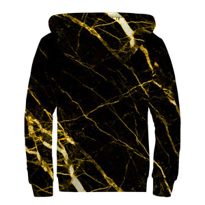 Black Gold Scratch Marble Print Sherpa Lined Zip Up Hoodie