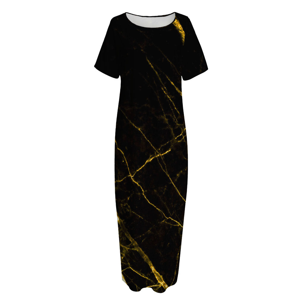 Black Gold Scratch Marble Print Short Sleeve Long Nightdress