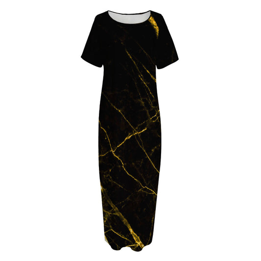 Black Gold Scratch Marble Print Short Sleeve Long Nightdress