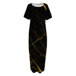 Black Gold Scratch Marble Print Short Sleeve Long Nightdress
