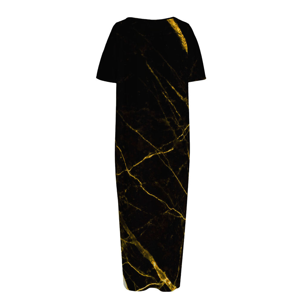 Black Gold Scratch Marble Print Short Sleeve Long Nightdress