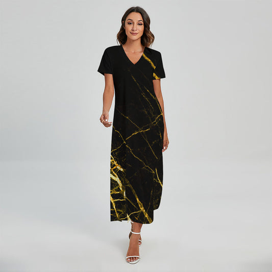 Black Gold Scratch Marble Print Short Sleeve Maxi Dress