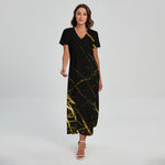 Black Gold Scratch Marble Print Short Sleeve Maxi Dress