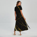 Black Gold Scratch Marble Print Short Sleeve Maxi Dress