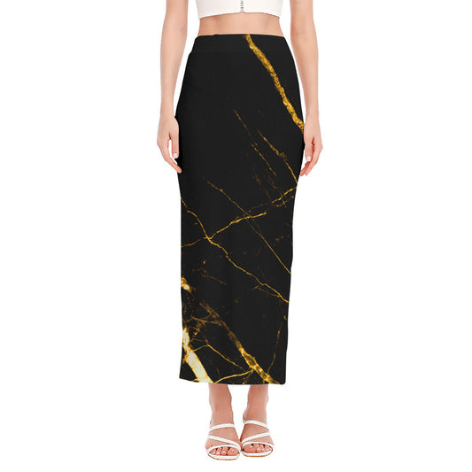 Black Gold Scratch Marble Print Side Slit Maxi Skirt