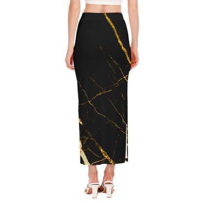 Black Gold Scratch Marble Print Side Slit Maxi Skirt