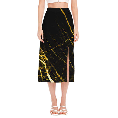 Black Gold Scratch Marble Print Side Slit Midi Skirt
