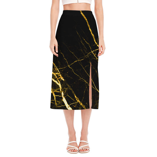 Black Gold Scratch Marble Print Side Slit Midi Skirt