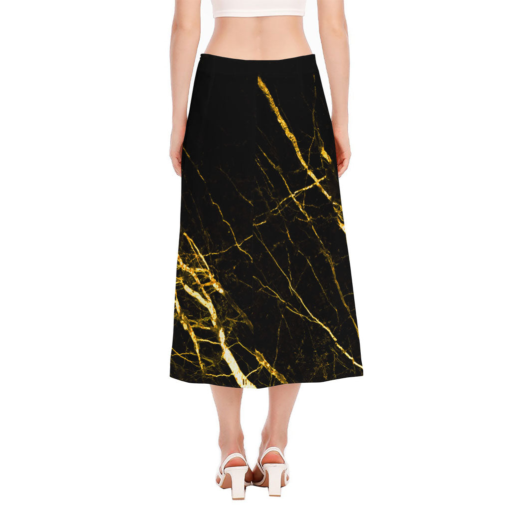 Black Gold Scratch Marble Print Side Slit Midi Skirt