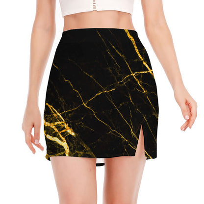 Black Gold Scratch Marble Print Side Slit Mini Skirt
