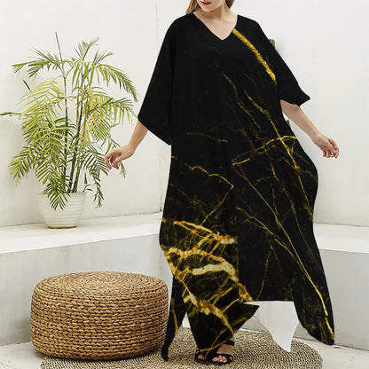 Black Gold Scratch Marble Print Silk V-Neck Kaftan Dress