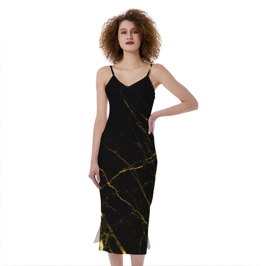Black Gold Scratch Marble Print Slim Fit Midi Cami Dress
